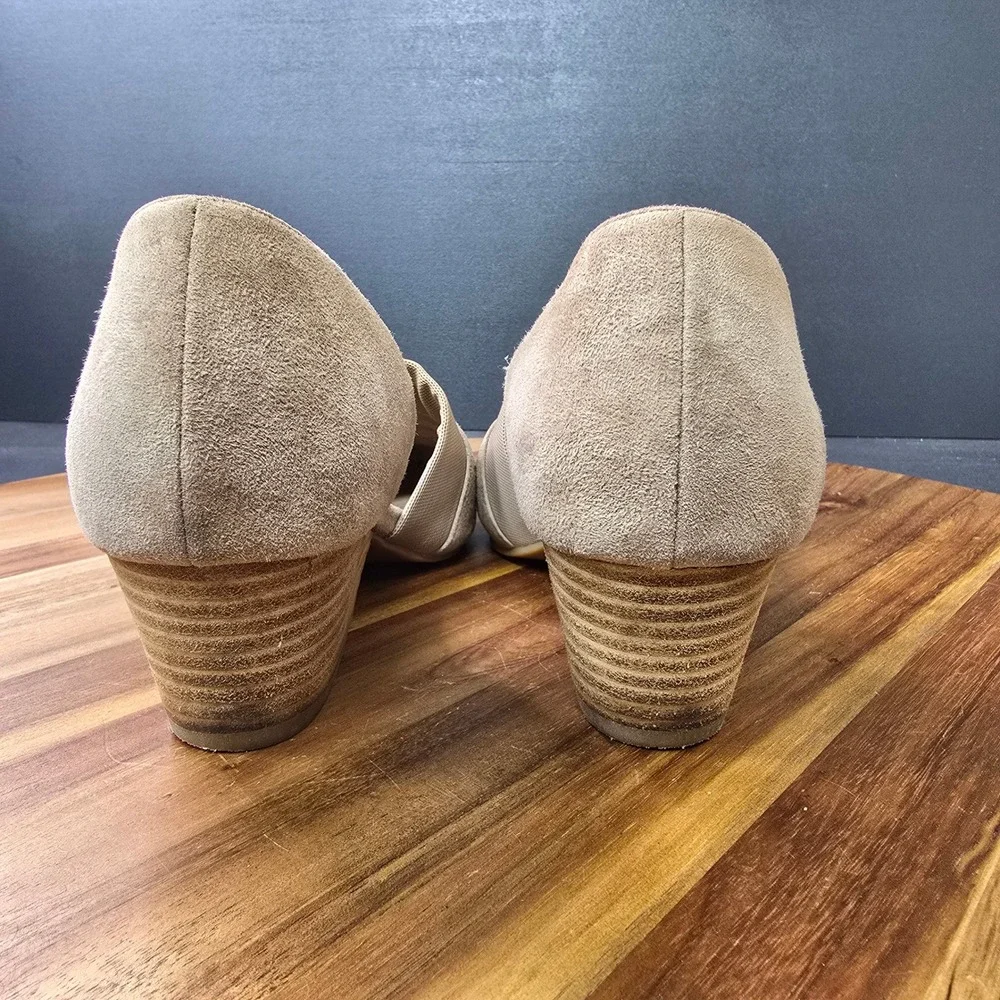 Eileen Fisher Wedge Pumps Womens 8.5 Taupe Suede dOrsay Elastic Strap Minimalist